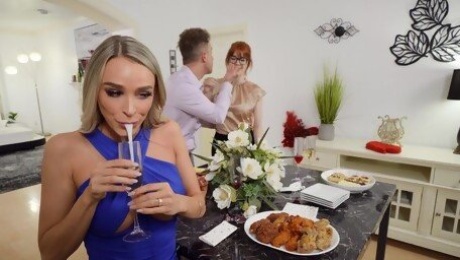 Dashing ladies swap cock in family threesome during dinner