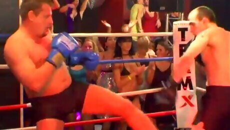 Nasty bitches are masturbating watching boxers fighting on a ring