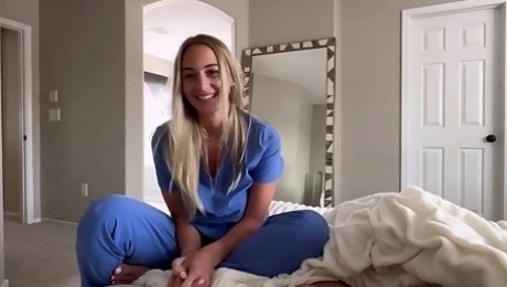 Blonde nurse is getting seduced by a married patient on the bed